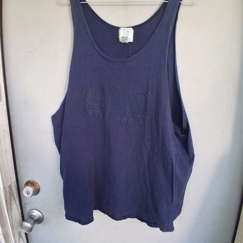 Vintage 90s IOU Summer‎ Tank Top Mens Bigger VGVC Navy Blue Logo Print 1992